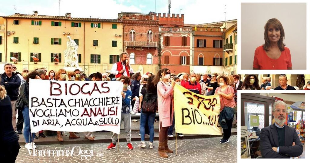 Una manifestazione contro il biogas e nei riquadri Marilena Del Santo e Carlo De Martis