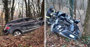 L'auto fuori strada dopo lo schianto con l'albero