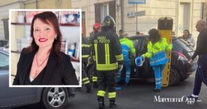 L'incidente all'incrocio fra via Corridoni e via Piave e, nel riquadro, Rita Martini, giornalista e addetta stampa del Grifone