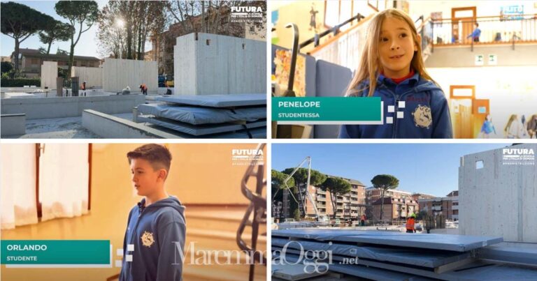 Due momenti dei lavori alla scuola di via Monterosa e i piccoli Penelope e Orlando (frames dal video del ministero dell'Istruzione)