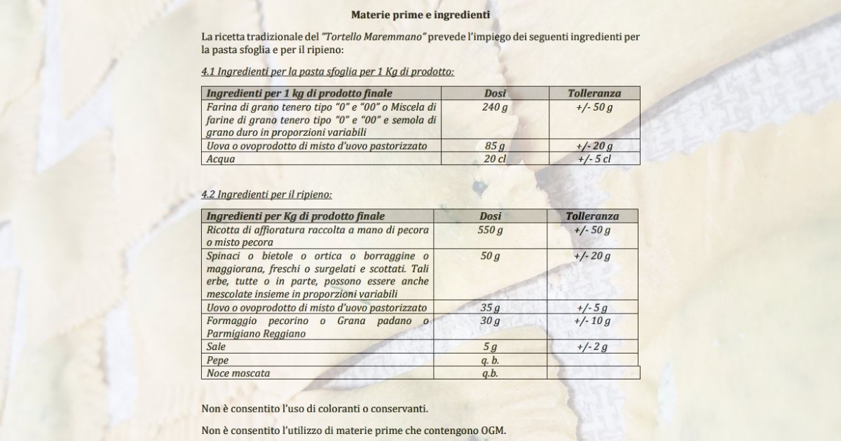 Gli ingredienti del Tortello maremmano Igp come indicati sul disciplinare