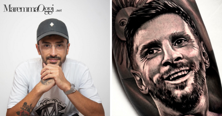 A sinistra Il Tattoo Artist Celestino Marcello e a destra un tatuaggio che raffigura il calciatore Leo Messi realizzato da lui