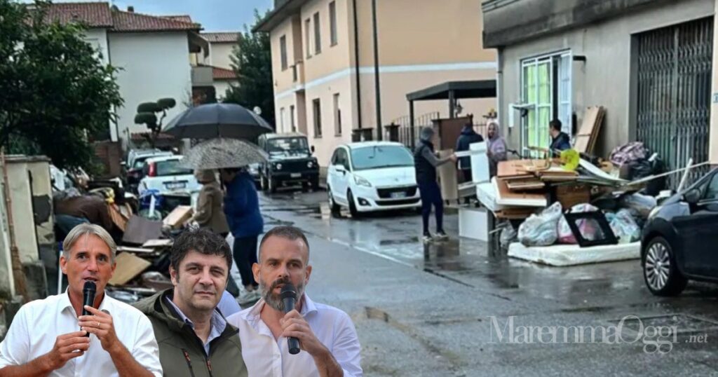 Un'immagine del 18 ottobre a scorso a Venturina, colpita dall'alluvione. Da sinistra Simiani, Scelza e De Rosas