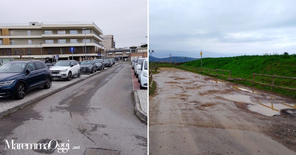 A destra le auto parcheggiate sul marciapiede e a sinistra le buche nel parcheggio sterrato