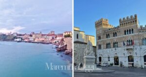 A sinistra una veduta di Piombino con piazza Bovio sullo sfondo, a destra il palazzo della Provincia di Grosseto