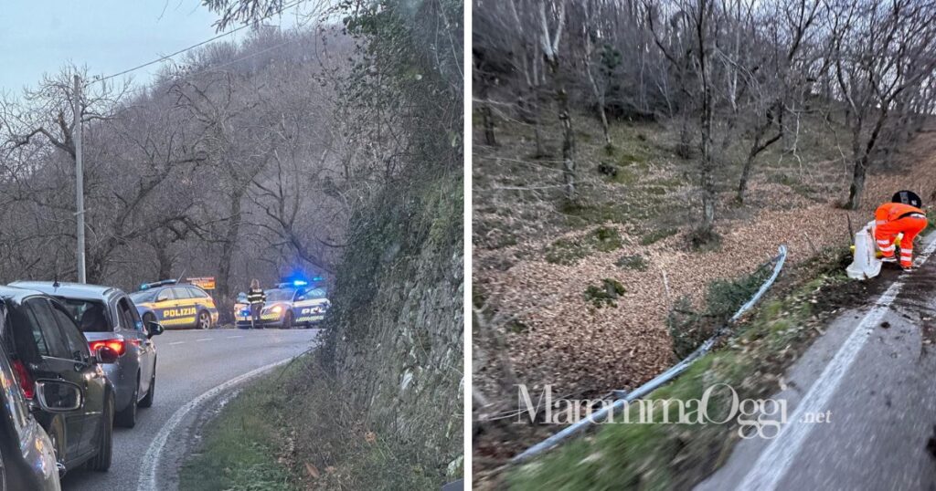 La coda sulla provinciale di Arcidosso e il punto in cui l'auto è finita fuori strada