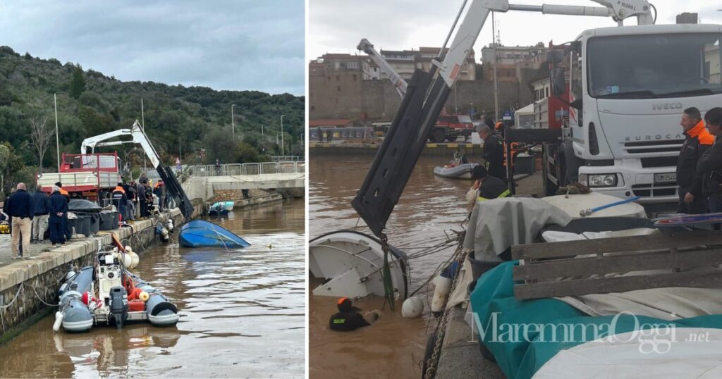 Operazioni di recupero delle barche affondate a Talamone