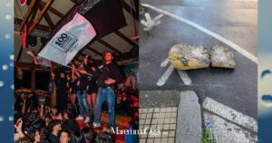 A sin. un immagine della festa in discoteca, a destra un esempio dei danni lasciati in città