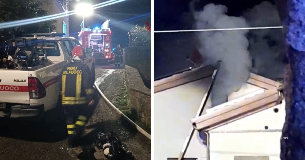 Due immagini dell'incendio a Castel del Piano