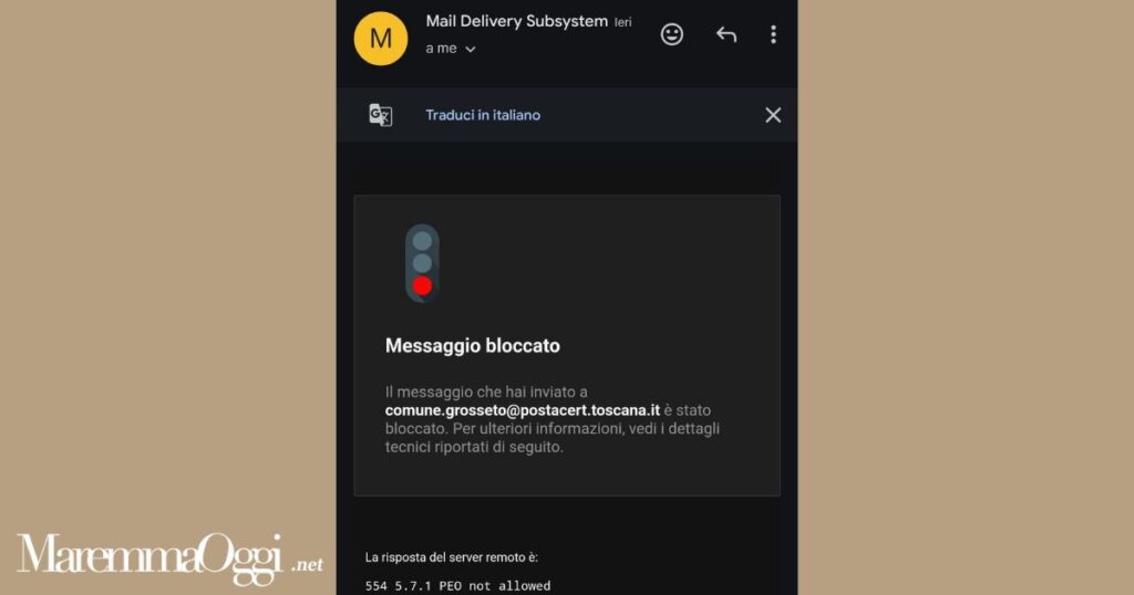 Lo screenshot del messaggio di blocco dell'email al Comune di Grosseto