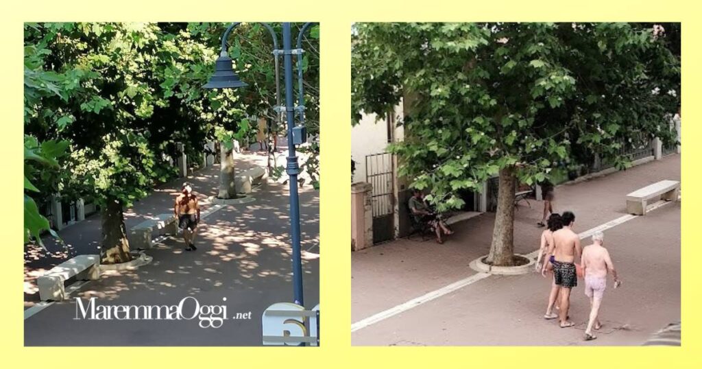 Nelle foto persone in costume che passeggiano per strada