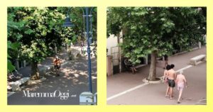 Nelle foto persone in costume che passeggiano per strada