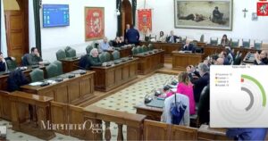 L'aula del consiglio comunale al momento del voto sulle partecipate (dal video YouTube del Comune)