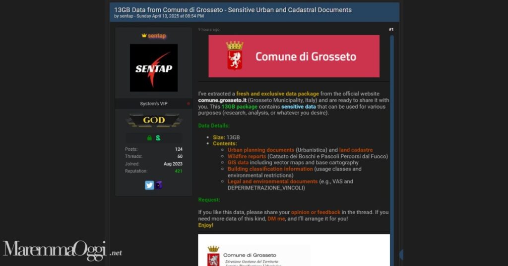 Il post di "sentap" nel sito undeground Breach Forums